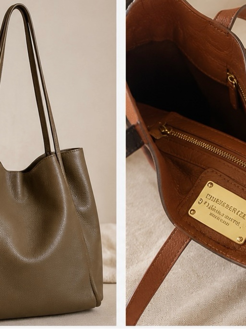 Classic Olive Leather Tote with Interior Zip by
